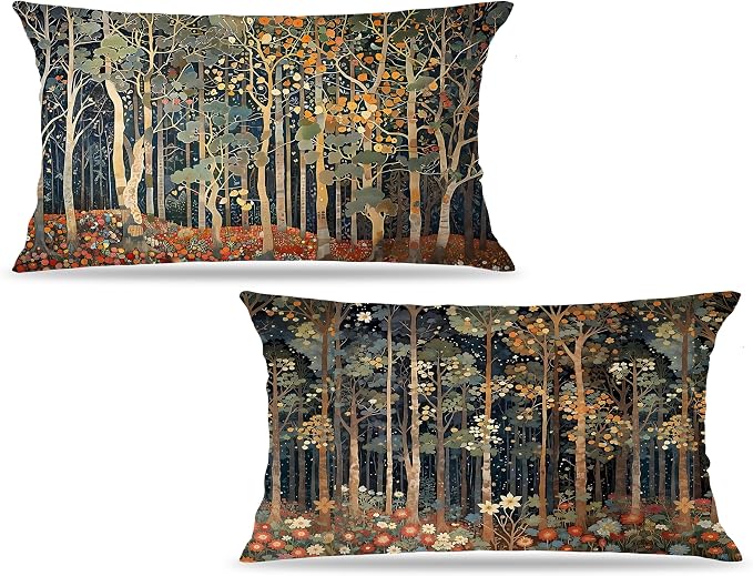 Rustic William Morris Inspired Autumn Forest Pillow Covers 12x20 Set of 2,Vintage Botanical Nature Landscape Decorative Throw Pillow Covers for Home Bedroom Living Room,Fall Home Room Decor