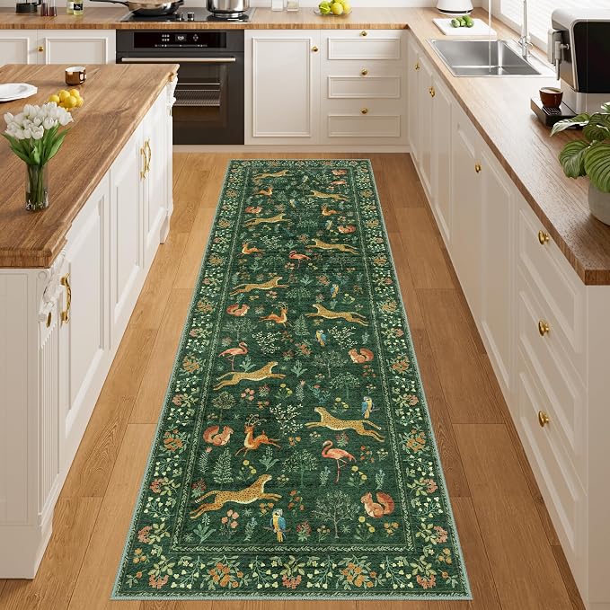 DUKINO 2.6x8 Rug for Hallway, Washable Kitchen Runner Rug Non Slip, Green | Low Pile, Stain Resistant, Soft Animal Indoor Carpet Runner for Entryway, Bedroom, Bathroom, Laundry, Lightweight, Home Decor