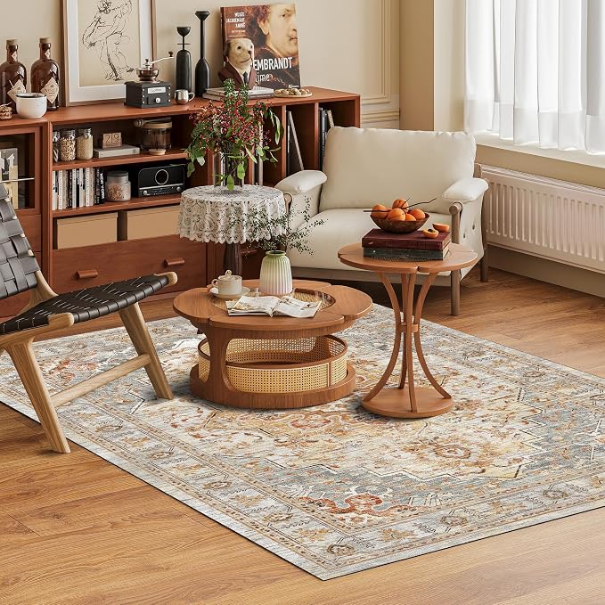 Washable Area Rug 5' x 7' Vintage Traditional Persian Mat - Foldable Distressed Non-Slip Machine Washable Carpet for Living Room Bedroom Kitchen Home Decor - Dove Gray and Coral