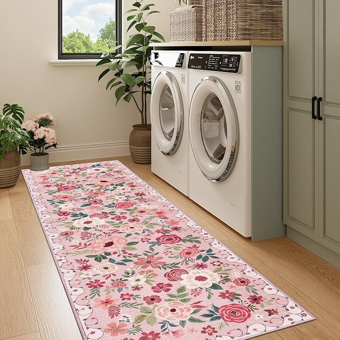 DUKINO 2x7 Runner Rug for Hallway, Washable Runner Rug Non Slip, Pink | Low Pile, Soft Indoor Carpet Runner for Kitchen, Bedroom, Bathroom, Entryway, Laundry, Pet Friendly, Home Decor, Lightweight