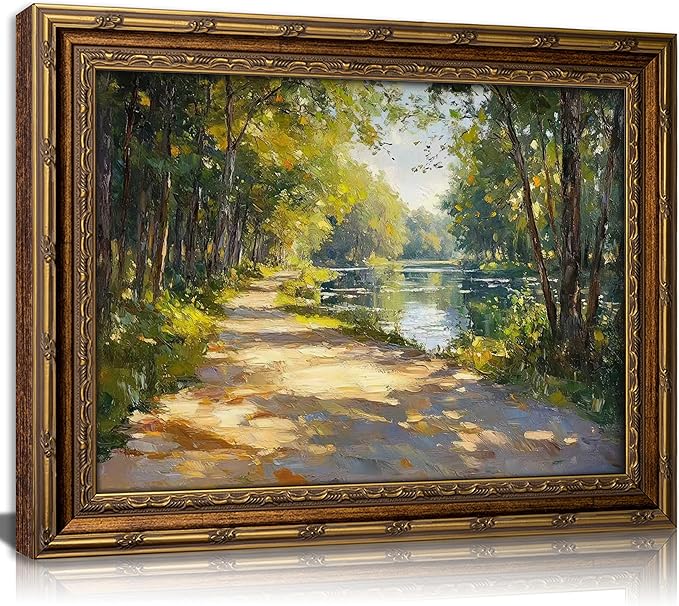 Vintage Gold Framed Canvas Wall Art Sunshine Forest Impressionist Landscape Painting Picture Wall Decor Spring Summer Green River Nature Scenery Poster Print Artwork for Living Room Bedroom