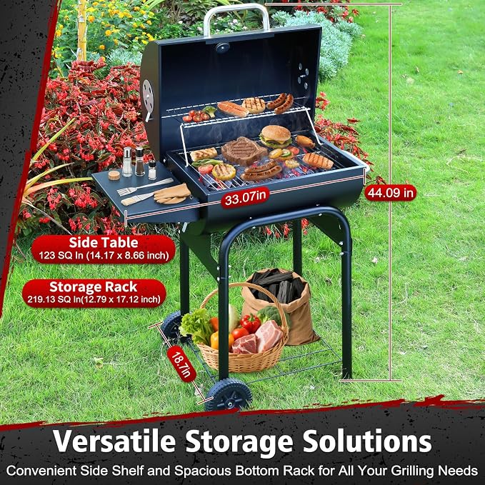 Barrel Barbecue Charcoal Grill: Premium Spacious Outdoor BBQ Grill | with Side Table - Ideal for Patio Cooking Backyard Grilling Camping Picnics Tailgating Parties