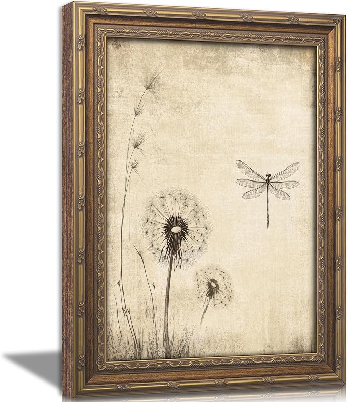 Vintage Gold Framed Canvas Wall Art Beige Dandelion Dragonfly Painting Picture Wall Decor Country Botanical Insect Poster Print Artwork for Living Room Bedroom Home Decoration