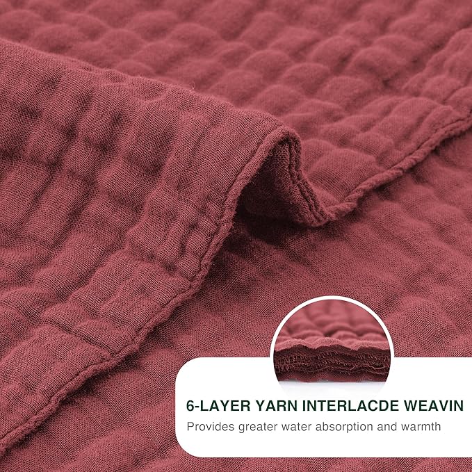 Love's cabin 100% Cotton Muslin Blanket, 6 Layer Lightweight Breathable Gauze King Size Blanket 108 x 90 Inches, Soft Summer Blanket for Bed, Wine Red