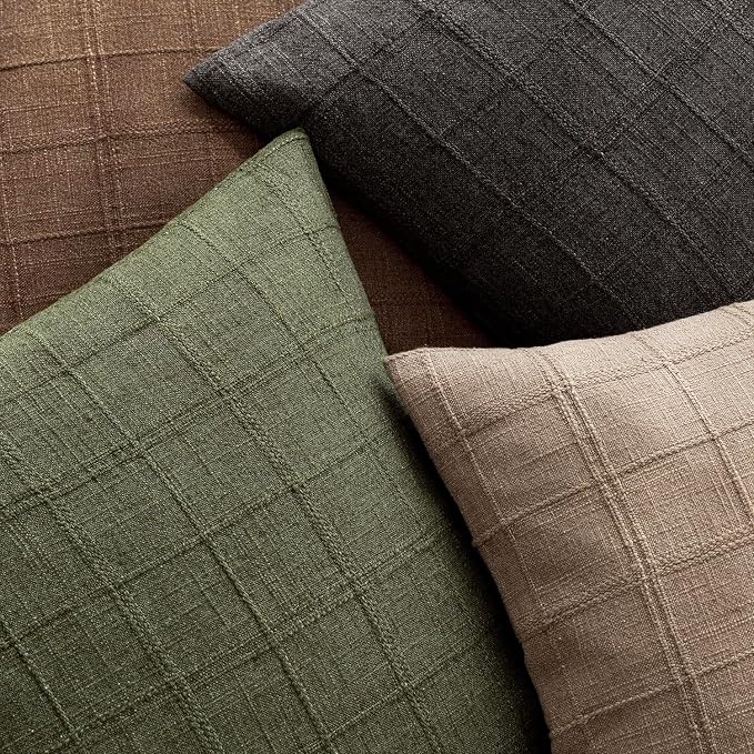 Foindtower Set of 2 Decorative Linen Check Throw Pillow Covers Neutral Farmhouse Vintage Cushion Covers Modern Boho Home Decor for Sofa Chair Couch Bedroom Living Room,16×16 Inch,Olive Green