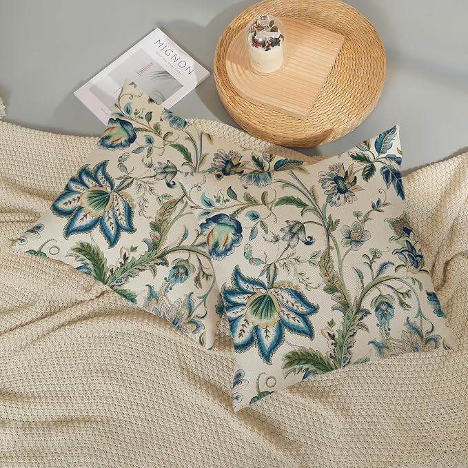 Blue Green Pillow Covers 22x22 Set of 2 Sage Green Chinoiserie Floral Throw Pillows Boho Vintage Flowers Decorative Pillowcase Outdoor Chinoiserie Decor Farmhouse Cushion Case for Couch Sofa
