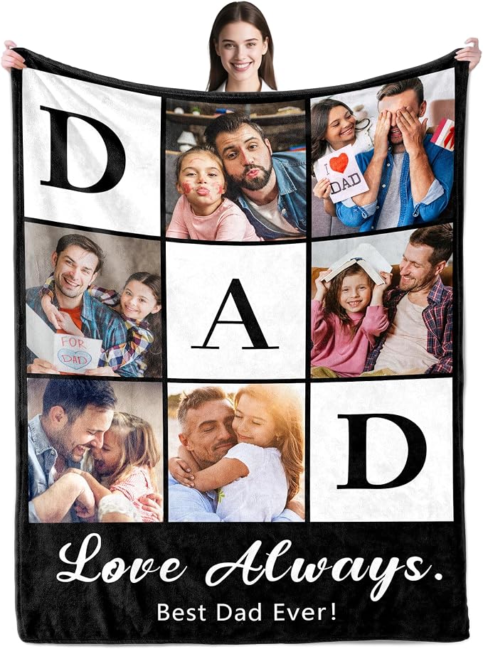 SHIPS NEXT DAY Personalized Fathers Day Birthday Gifts from Daughter Son Kids Wife Custom Photos Blanket with PictureText Customized Father's Day Christmas Dad Husband Grandpa Papa Unique Gifts