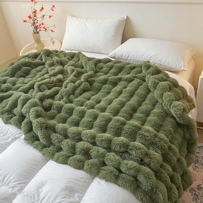 LIFEREVO Luxury Fluffy Faux Rabbit Fur Throw Blanket 50x60, Sage Green | Plush Bubble Blanket for Bedroom Living Room Office, Decorative Soft Moss Furry Lap Throw for Kids Teens Adults, Washable