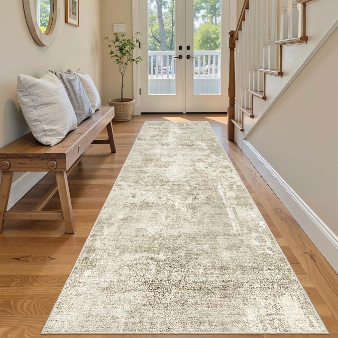 Soalmost Runner Rug 2'6"x8' Kitchen Hallway Runners Abstract Beige/Gray | Washable Non-Slip 2.5x8ft Carpet Entryway Bathroom, Low Pile Vintage Foldable Floor Mat for Corridor Laundry Room Bedroom