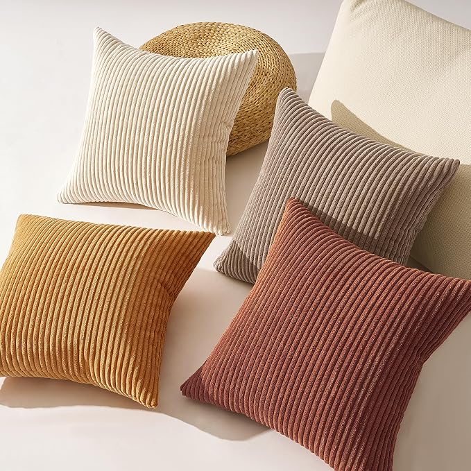 Topfinel Fall Soft Corduroy Throw Pillow Covers 18x18 Inch Yellow Brown | Set of 4 Farmhouse Striped Gradient Rustic Pillow Covers for Sofa Couch Living Room Bedroom