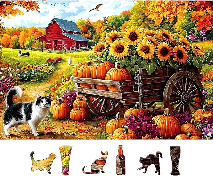 500 Piece Jigsaw Puzzle for Adults - Autumn Farm Scene: Sunflower Cart, Red Barn & Pumpkin Harvest, 23x15 Inch Fall Art Puzzle, Challenging Hard Difficult Puzzles for Adults