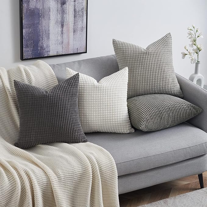 Topfinel Grey Couch Pillow Covers for Living Room 45x45 cm Set of 4,Mid Century Modern White Neutral Corduroy Corn Throw Pillows,Rustic Square Bench Chair Cushion(18 Inch/Grey)