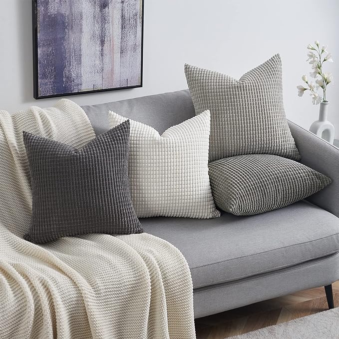 Topfinel 4 Packs Grey Decorative Throw Pillow Covers 16x16 Inch for Living Room Couch Bed Sofa, Boho Western Farmhouse Home Decor, Square Soft Moss Corduroy Fall Cushion Case 40x40 cm