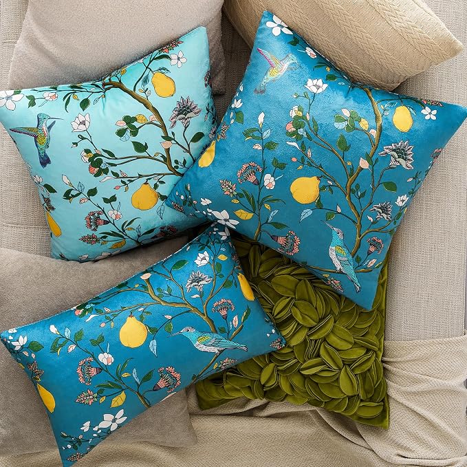 MUSSEL Stone Blue Velvet Floral Decorative 16x16 Pillow Covers Set of 2 | Soft Durable and Sturdy,Bird Plant,Throw Pillows Case,Square,Colorful Modern Cushion Covers,Home Sofa Bed Couch Decor