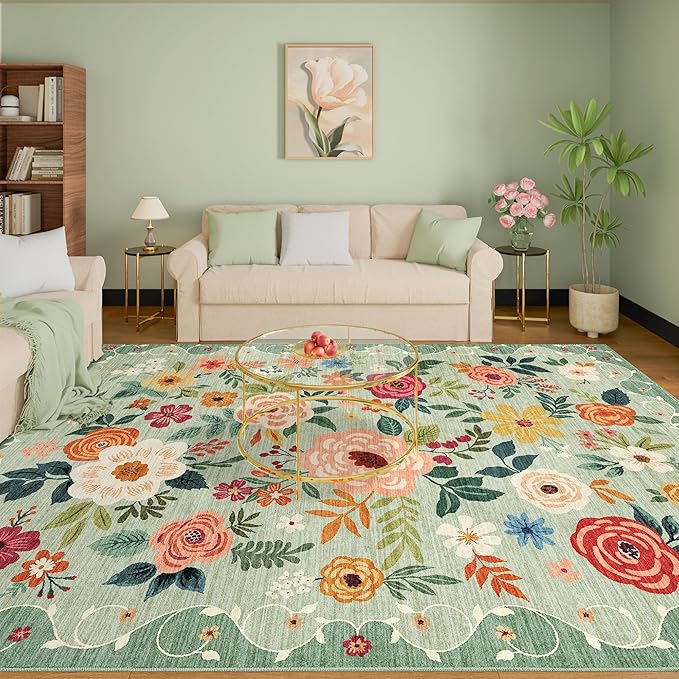DUKINO 8x10 Area Rugs, Floral Washable Living Room Rug Non Slip, Green | Low Pile, Stain Resistant, Soft Indoor Large Carpet for Bedroom, Dining Rom, Kids Playroom, Pet Friendly, Modern Home Decor