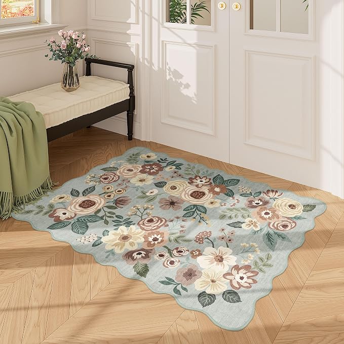DUKINO 2x3 Rug for Entryway, Floral Door Mat Washable Rug, Sage Green | Non Slip, Low Pile, Soft Small Rugs for Kitchen, Entrance, Bedroom, Bathroom, Laundry, Pet Friendly, Non-Shedding, Home Decor