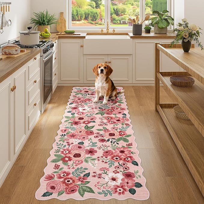 DUKINO 2x6 Runner Rug, Floral Washable Rug for Kitchen Non Slip, Pink | Soft, Low Pile, Non-Shedding Long Runner Rugs for Kitchen, Entryway, Bedroom, Bathroom, Pet Friendly, Home Decor, Ultra-Thin