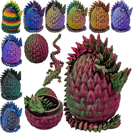 Surprise Dragon Egg Articulating Gemstone Dragon Fidget Figurine - 3D Printed Dragons Flexible ADHD, Autism, Relief Anxiety - Articulated Joints (Green/Red)