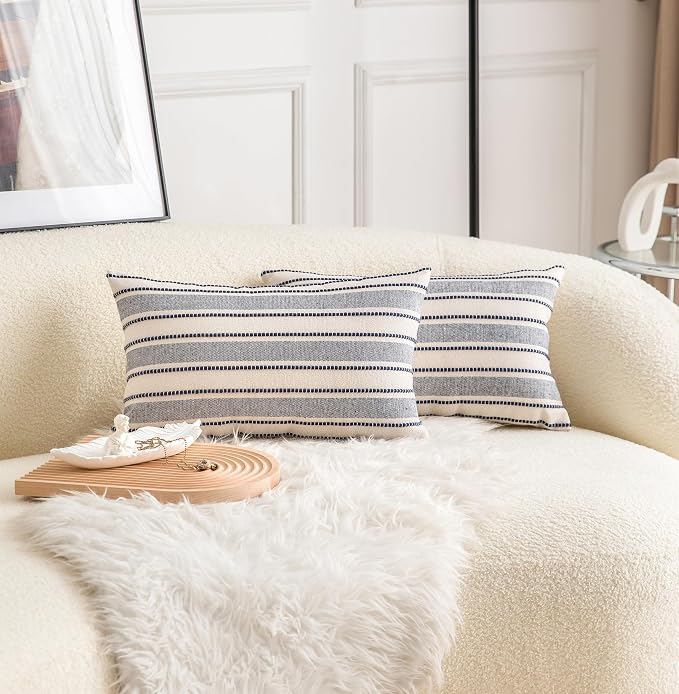 Cethom Decorative Boho Lumbar Throw Pillow Covers, Farmhouse Textured Pillow Case, 12 x 20 Inch Set of 2, Chair Sofa Bedroom Living Room Decor Couch Cushion Case, Navy Blue and Beige