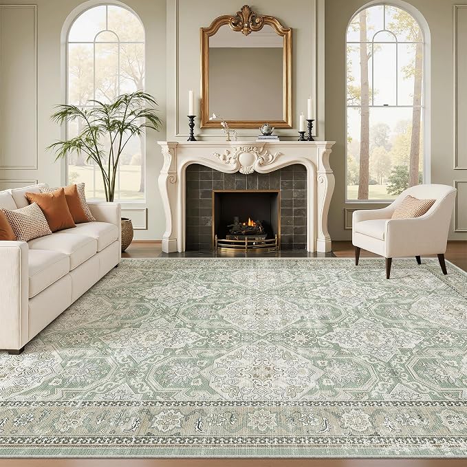 Soalmost 9x12 Area Rugs for Living Room Washable Rug Non-Slip Green/Brown | Large Vintage Stain Resistant Carpet for Dining Bedroom, Low Pile Lightweight Foldable Floor Mat Nursery Home Office Decor