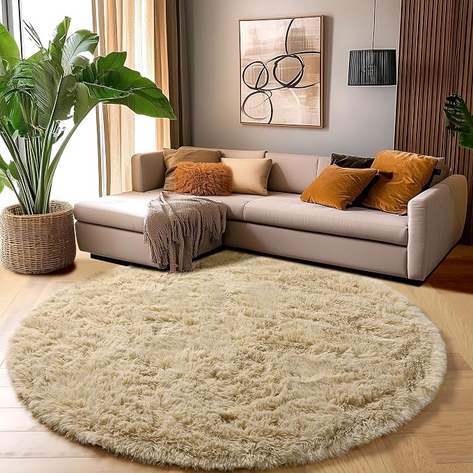 Amdrebio Beige Round Area Rug 4Ft for Bedroom, Boho Fluffy Plush Shag Furry Circle Rugs for Kids Room, Living Room Decor Aesthetic, Cute Shaggy Fuzzy Neutral Carpet for Nursery Preppy Dorm Baby Teens