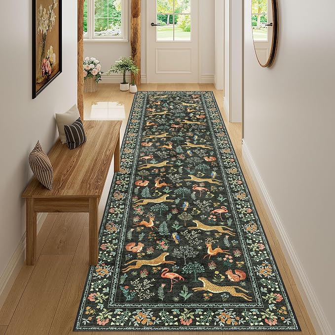 DUKINO 2.6x10 Washable Runner Rug, Non Slip Animal Rug for Hallway, Black | Soft, Low Pile, Non-Shedding Indoor Carpet Runner for Entryway, Kitchen, Bedroom, Bathroom, Pet Friendly, Stain Resistant