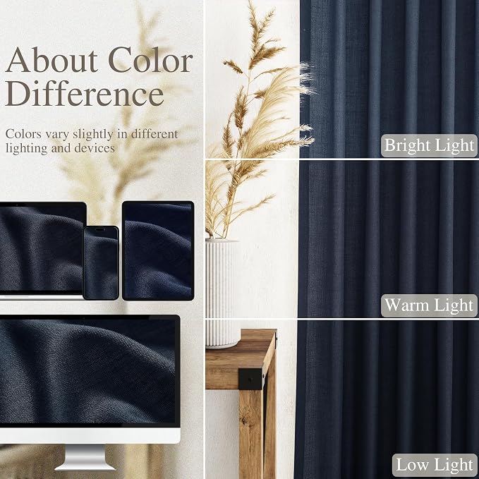 Linen Navy Blue Curtains 120 inch Extra Long for Living Room Back Tab Light Filtering Semi Sheer Drapes Modern Farmhouse Boho Decor Cotton Textured Curtain for Floor to Ceiling High Window 52x120