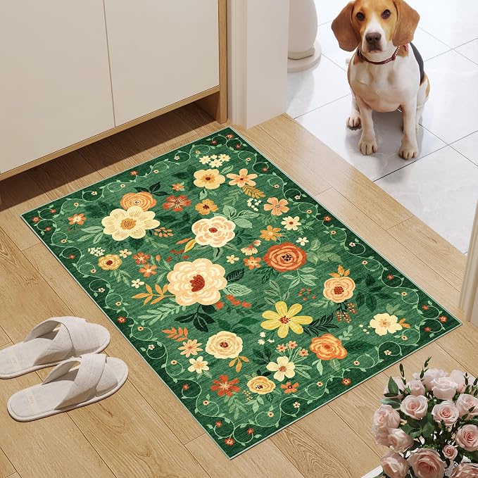 DUKINO 2x3 Entryway Rug, Door Mat Soft Washable Rug Non Slip, Dark Green | Low Pile, Non-Shedding, Floral Small Rug for Kitchen, Entrance, Bedroom, Bathroom, Pet Friendly, Stain Resistant, Home Decor