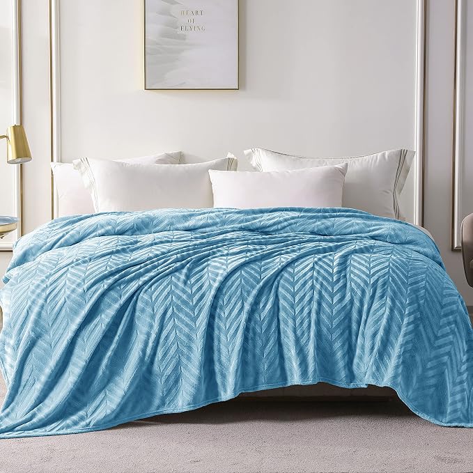 Whale Flotilla Flannel Fleece Fall Bed Blanket King Size, Stone Blue | Lightweight Breathable Soft Bedspread, Plush Fluffy Coverlet Chevron Design Decorative Blanket for Home Life, 90x104 Inch