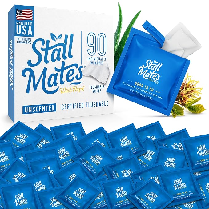 Stall Mates Witch Hazel: Flushable Wipes, Individually Wrapped, Travel Friendly, Soothing, Unscented with Cucumber, Aloe and Chamomile, (90 on-the-go singles) BULK PACK