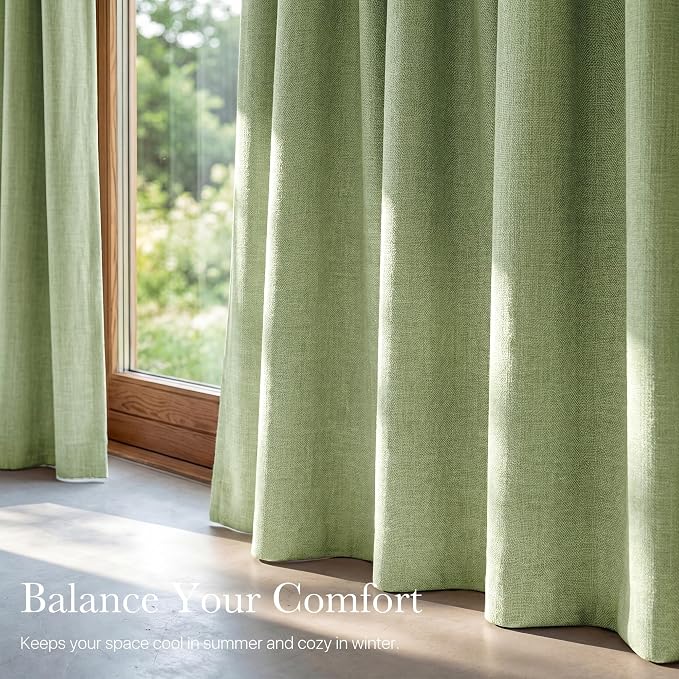 NICETOWN 100% Absolutely Blackout Linen Curtains for Bedroom Living Room, Olive Green, 52" Wide, 2 Pieces, Privacy Vertical Thermal Insulated Window Drapes 84 inch Long for Light-Sensitive Sleepers