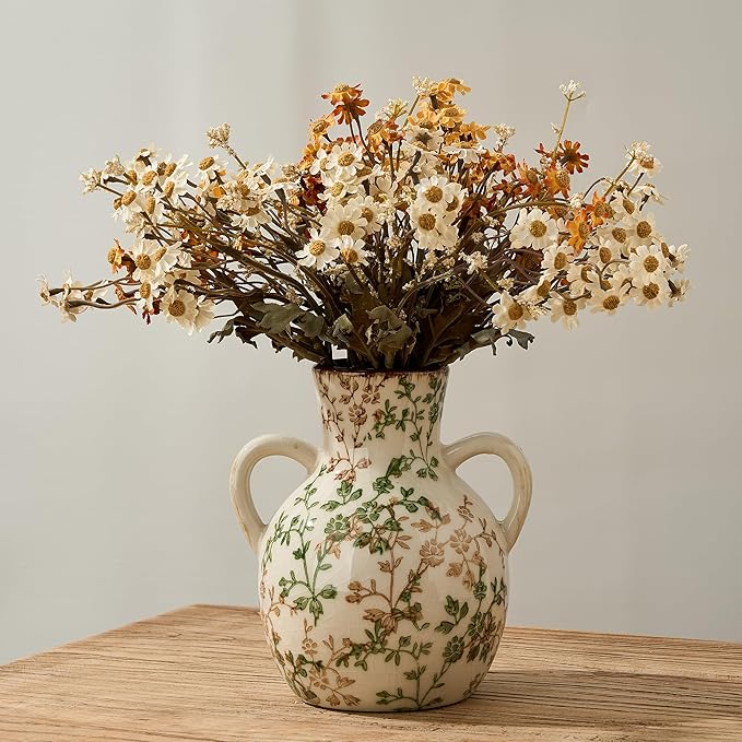 SIDUCAL Ceramic Green and Beige Retro Vase with Handles, 7 Inch Ice Cracked Vintage Pastoral Vase, Rustic Farmhouse Vases for Home Decor, Table, Living Room, Shelf Decor, Chinoiserie Decor