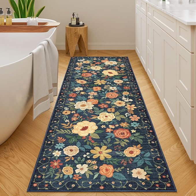 DUKINO 2x10 Runner Rug, Washable Kitchen Runner Rug Non Slip, Navy Blue | Soft, Low Pile, Floral Indoor Rug Runner for Hallway, Entryway, Bedroom, Bathroom, Pet Friendly, Home Decor, Stain Resistant