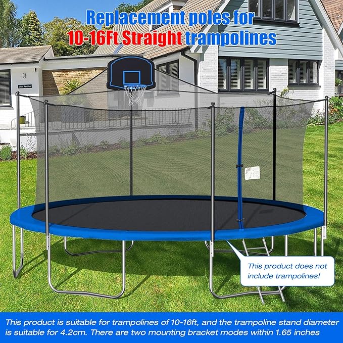 2PCS Trampoline Poles Replacement, 1mm Thick, Fits 1.65'' / 4.2CM Inner Diameter for 10-16FT Jumpzylla Trampolines, Complete Kit with Protective Foam Sleeves & Mounting Hardware
