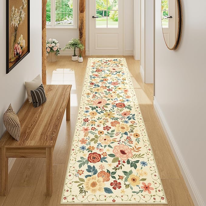DUKINO 2x8 Kitchen Runner Rug, Washable Runner Rug Non Slip, Beige Yellow | Low Pile, Floral, Soft Indoor Rug for Hallway, Entryway, Bedroom, Bathroom, Pet Friendly, Stain Resistant, Modern Home Decor