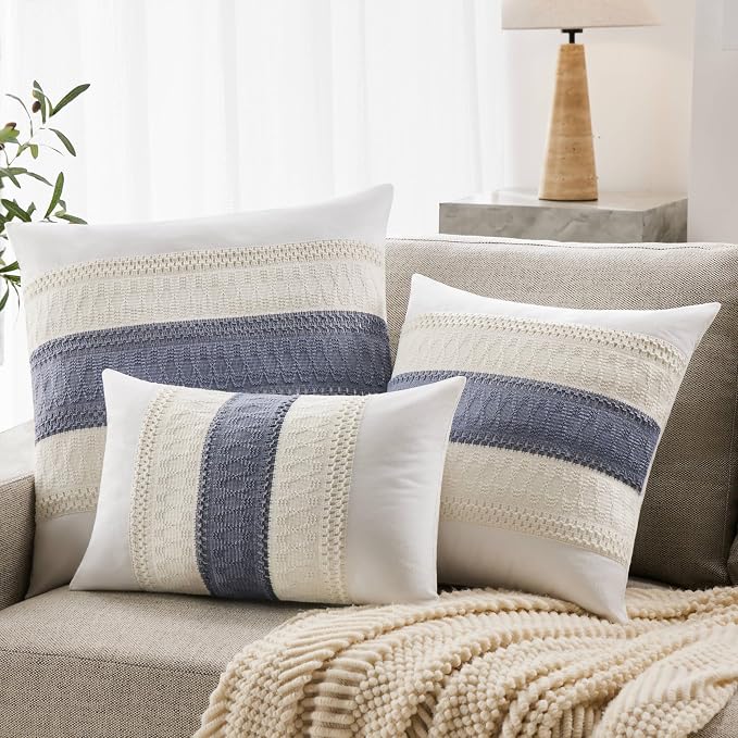 2pk Boho Pillow Covers 16x16, Natural White/Contrast/Blue | 100% Organic Cotton Body, Stripe Embroidery, Farmhouse Decorative Cushion Covers for Sofa Bed Living Room Home Decor