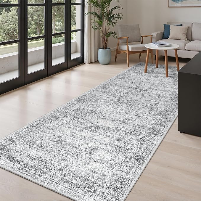 Soalmost Washable Hallway Runner Rug 4x8 Kitchen Entry Rugs Non-Slip, Grey | Vintage Wide Runners for Living Dining Room Entryway, Foldable Low-Pile Floor Carpet Mat 8ft for Corridor Foyer Bedroom
