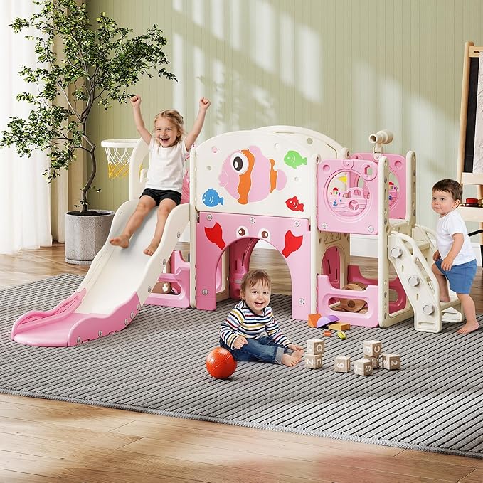 NYEEKOY 8-in-1 Toddler Slide, Toddler Outdoor Playset, with Toddler Climber and Kids Slide, Suitable for Indoor Playground for Kids 1-3, Pink Fish