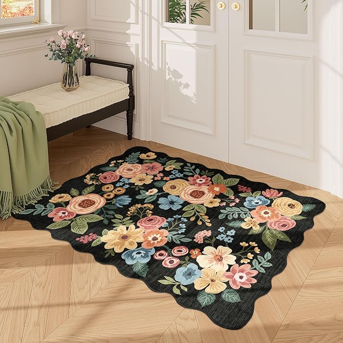 DUKINO 2x3 Rugs for Entryway, Floral Door Mat Washable Kitchen Rugs, Black | Non Slip, Low Pile, Soft Small Rugs for Entrance, Bedroom, Bathroom, Laundry, Pet Friendly, Non-Shedding, Modern Home Decor