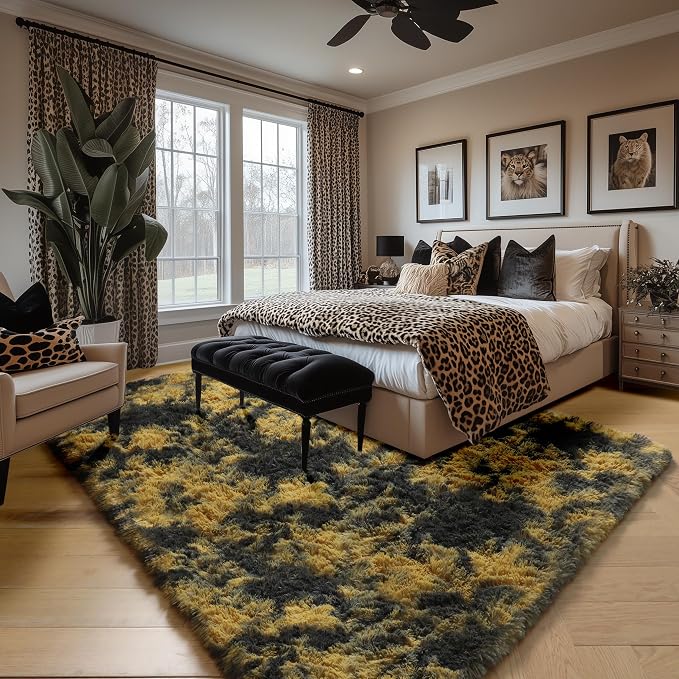 Amdrebio Black Gold Grey Fluffy Area Rug 5x7 for Bedroom Living Room Dorm | Fuzzy Plush Fuzzy Mustard Yellow Leopard Cheetah Carpet, Classroom Men Cave Bedside Office Playroom Decor, Baby Kids Corner
