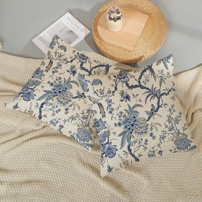 Chinoiserie Floral Bird Pillow Covers 16x16 Set of 2 Spring Chinoiserie Flowers Decorative Pillowcase Outdoor Blue and Cream Throw Pillows Farmhouse Linen Cushion Case for Couch Home Decor