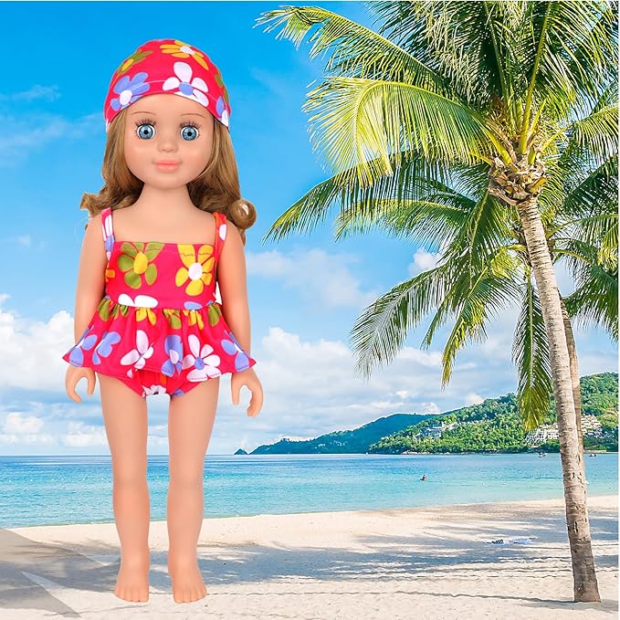 18 Inch Doll Swimsuit Playset, Dorable Doll Summer Dress Playset for 18 Girl Dolls, Includes Doll Bikini Swimsuits, Lovely Sunglasses, Goggles, Sandals and Water Inflatable Ring