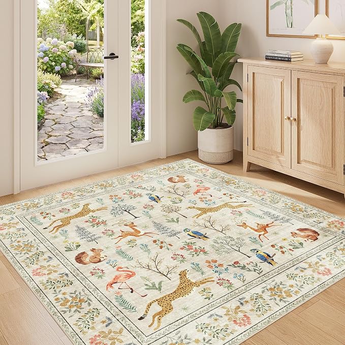 DUKINO 4x4 Square Area Rug, Washable Animal Rug for Entryway, Beige | Non Slip, Low Pile, Soft Indoor Carpet for Bedroom, Kitchen, Office, Kids Room, Farmhouse, Pet Friendly, Stain Resistant