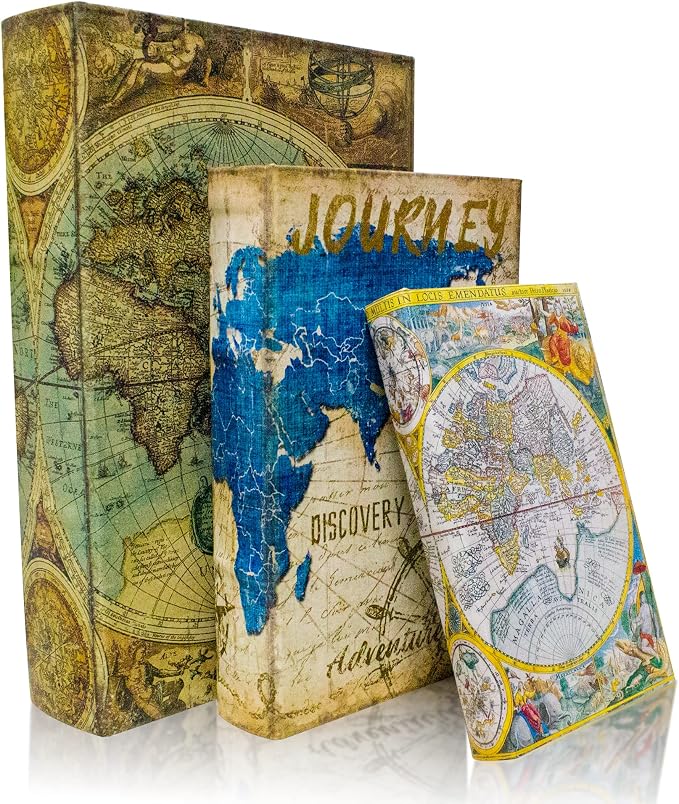 Decorative Book Box Set of 3,Fake Book Trinket Keepsake Storage Box | Faux Antique Book Shaped Vintage Style Decorative Books Boxes with Ancient World Map Pattern Books,Graduation Gift