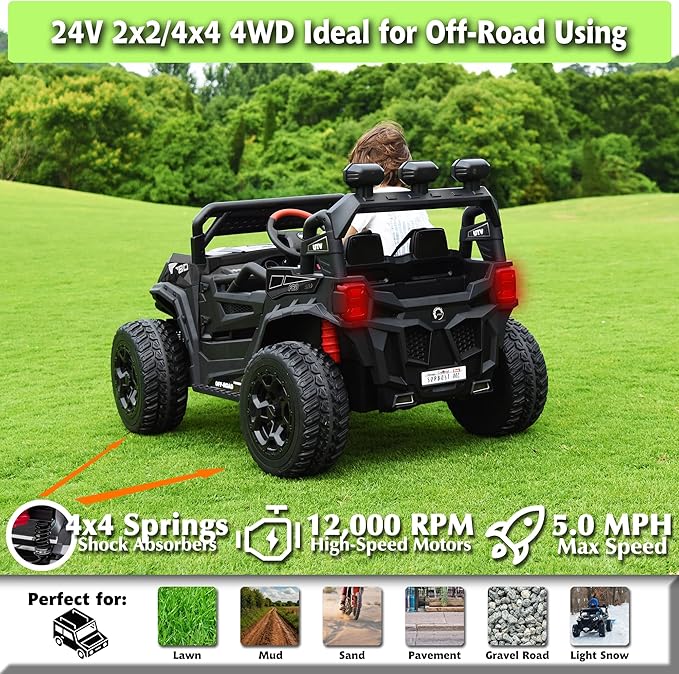 sopbost 24V Ride On Car with Remote Control, 4x4 Rdie On Toy for Kids, Battery Powered Electric Vehicles, 2WD/4WD Switchable, EVA Tires Wheels, Single-Seater, Music Play (Black)