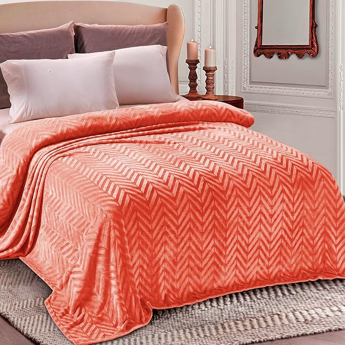 Whale Flotilla Flannel Fleece Fall Bed Blanket Queen Size, Coral | Lightweight Breathable Soft Bedspread, Plush Fluffy Coverlet Chevron Design Decorative Blanket for Home Life, 90x90 Inch