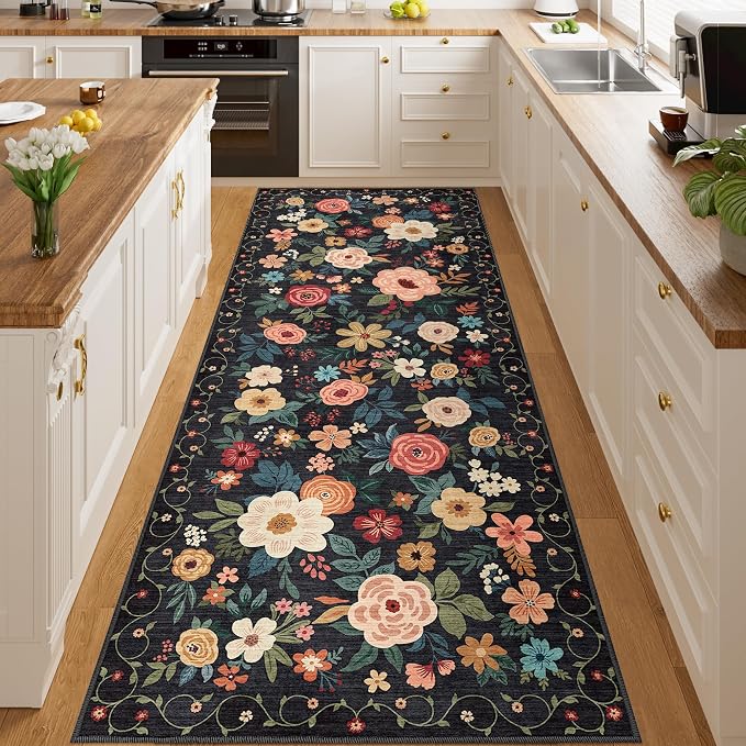 DUKINO 3x8 Kitchen Runner Rug, Washable Rug for Hallway Non Slip, Black | Soft, Low Pile, Floral Indoor Carpet Runner for Hallway, Entryway, Bedroom, Bathroom, Laundry, Pet Friendly, Home Decor