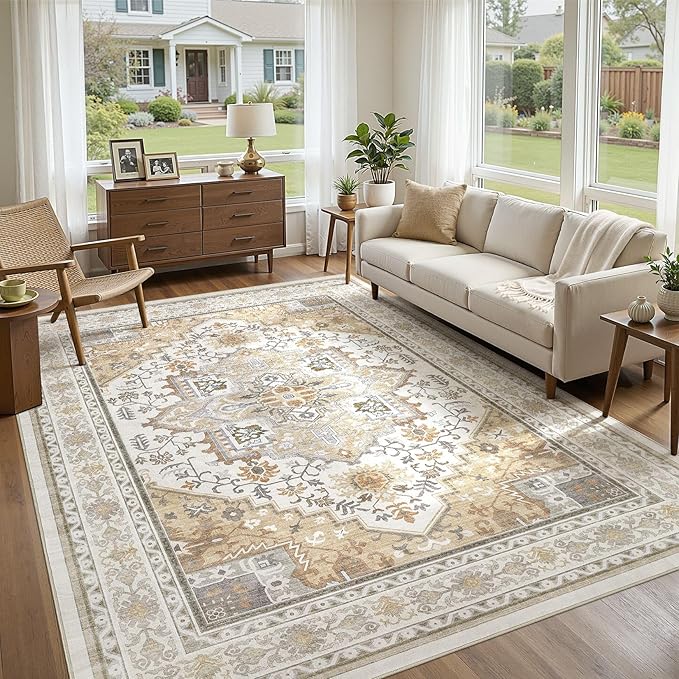 UERMEI 10x12 Area Rug for Living Room - Washable Vintage Carpet, Non-Slip Soft Large Indoor Floor Rugs for Bedroom Home Office & Under Dining Table Decor, Brown Beige