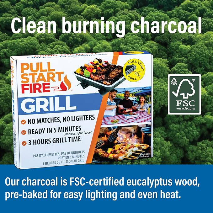 Pull Start Fire Grill, Natural Hardwood Charcoal, Portable 3hr Burn, 2 Pack | Pull Start Matchless Ignition, Ready in 5 Mins, Clean Burn, No Lighter Fluid, Disposable, Tailgate, Camping, Beach, Backyard