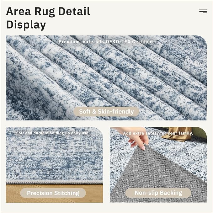 Soalmost 6x9 Area Rug for Living Room Washable Rugs Non-Slip Blue | Low-Pile Vintage Carpet for Dining Bedroom, Foldable Thin Stain Resistant Floor Mat Under Table Home Office Nursery Decor